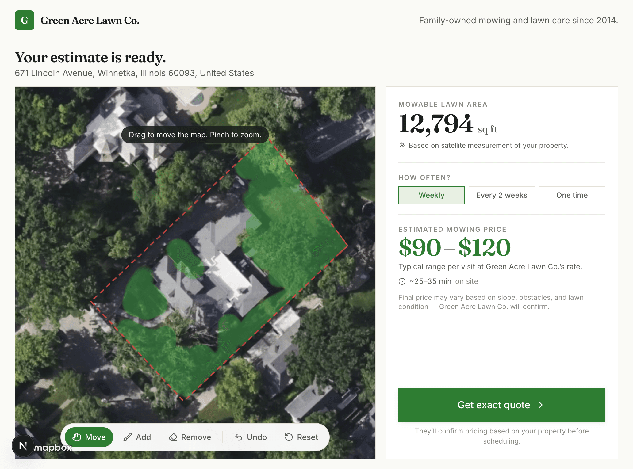 Quote form showing a measured lawn and instant price
